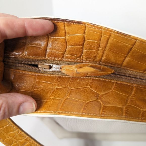 Vintage Cream Leather Shoulder Crossbody Bag Croc Print Trim Susan Gail - Picture 12 of 14